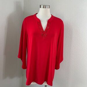 Susan Graver Artisan Womens Large Red Beaded V Neck Tunic Top Stretch Shirt